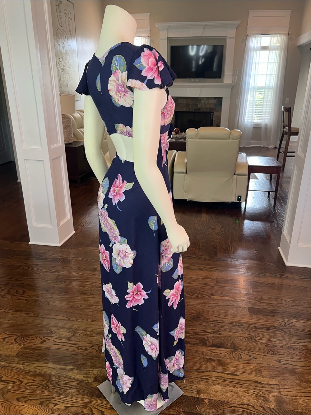 Reformation Navy Floral Tie-Front Maxi Dress with Pink Blooms - Picture 9 of 15